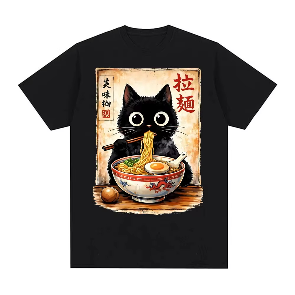Summer Clothing Essentials Men - Camiseta Retro Japonesa Kawaii Ramen Cat