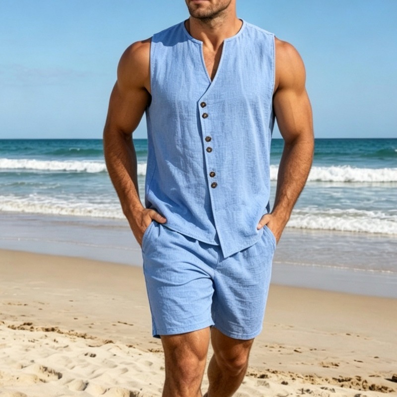 Conjunto de Camisa sin Mangas  - Linen Shorts Men reseña y precio
